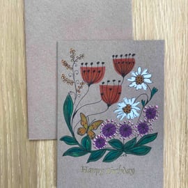 Hand drawn-blank-birthday card-flowers and butterfly 