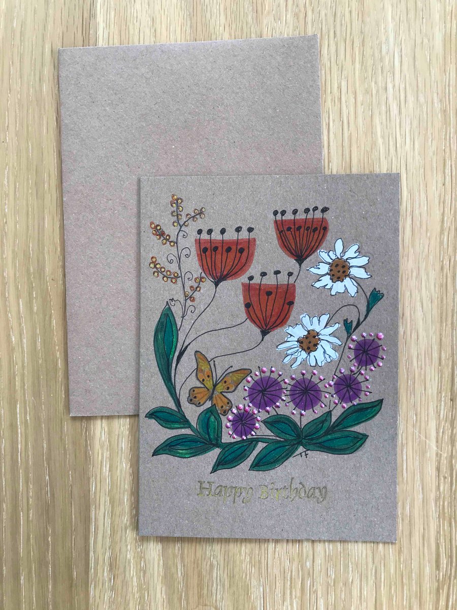 Hand drawn-blank-birthday card-flowers and butterfly 
