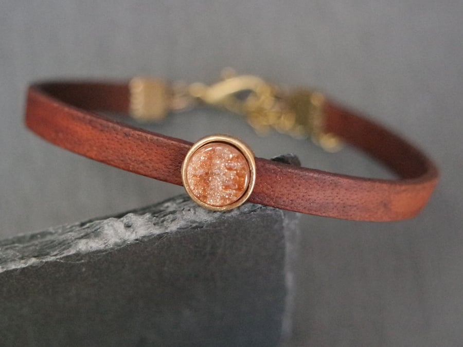 Leather bracelet - maroon shimmer antique gold