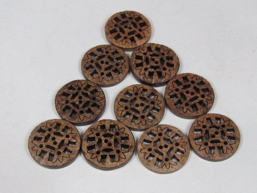 10 Medium Pierced, Carved Coconut Shell Buttons