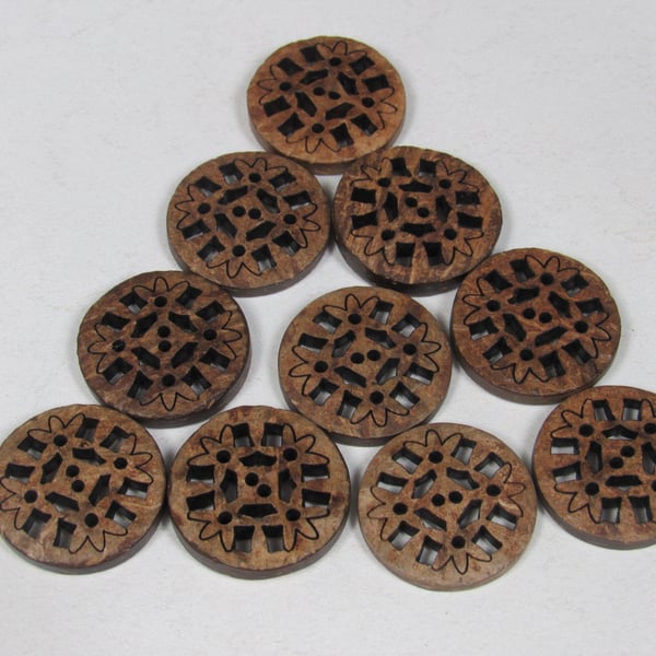 10 Medium Pierced, Carved Coconut Shell Buttons