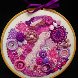 Mixed Media Collage in Embroidery Hoop in Pinks and Purples