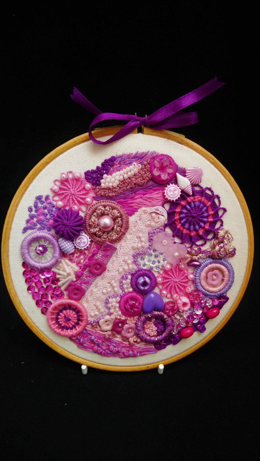 Hoop Art  in  Pinks and Purples Mixed Media in Embroidery Hoop 