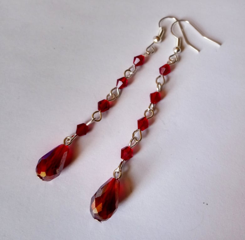 Long Dangling Red Crystal Teardrop Earrings
