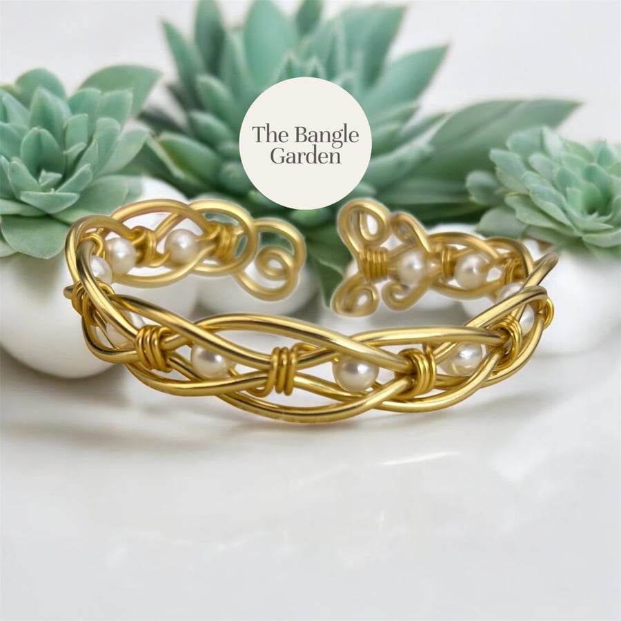 Wire wrapped gold & pearl bangle