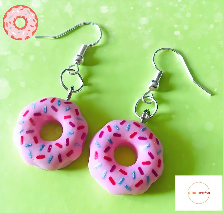 Colourful Doughnut Earrings Pink Sprinkles, 925 Silver Hooks, Fun Jewellery