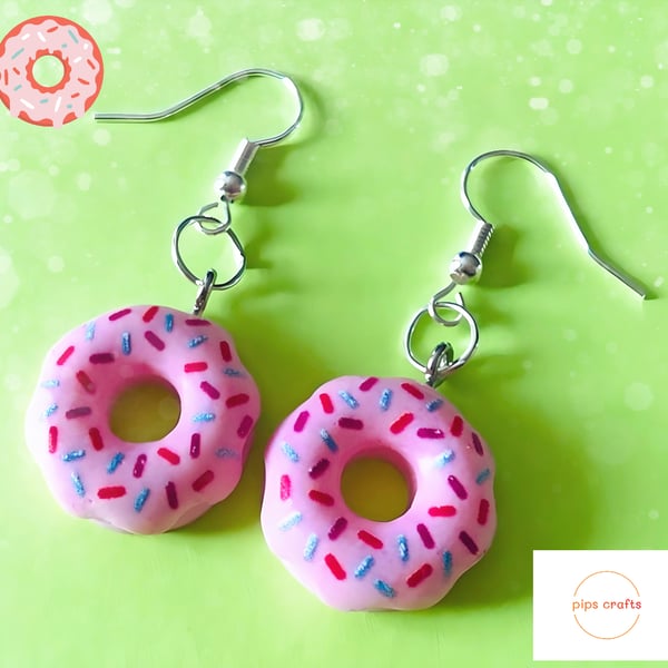 Colourful Doughnut Earrings Pink Sprinkles, 925 Silver Hooks, Fun Jewellery
