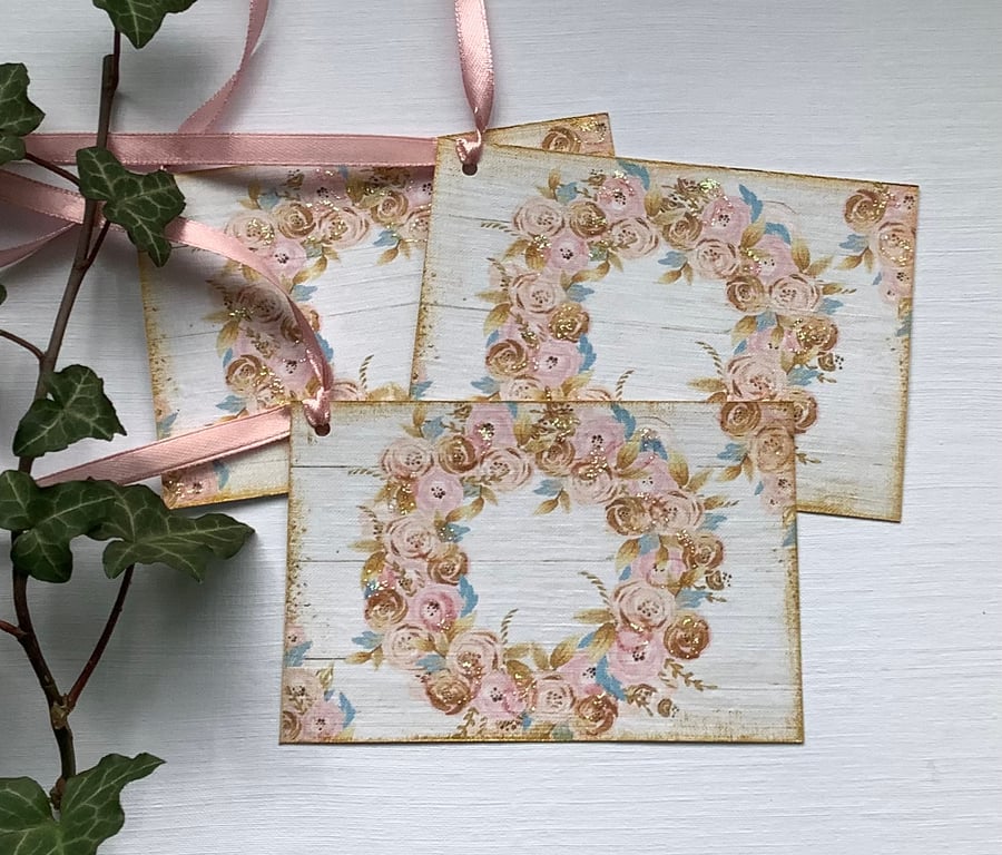 GIFT TAGS. Vintage-style , ' Rose Wreath'. Pink. Stationery. Wedding. Birthday. 