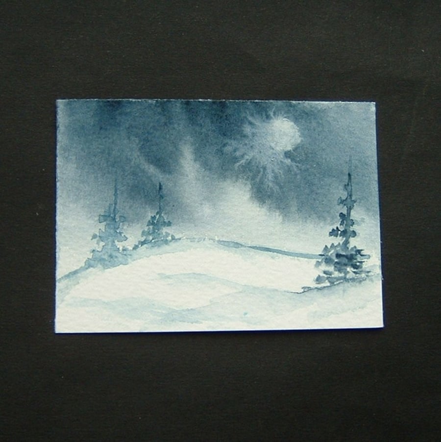 aceo SFA original miniature watercolour painting snowscene landscape 114