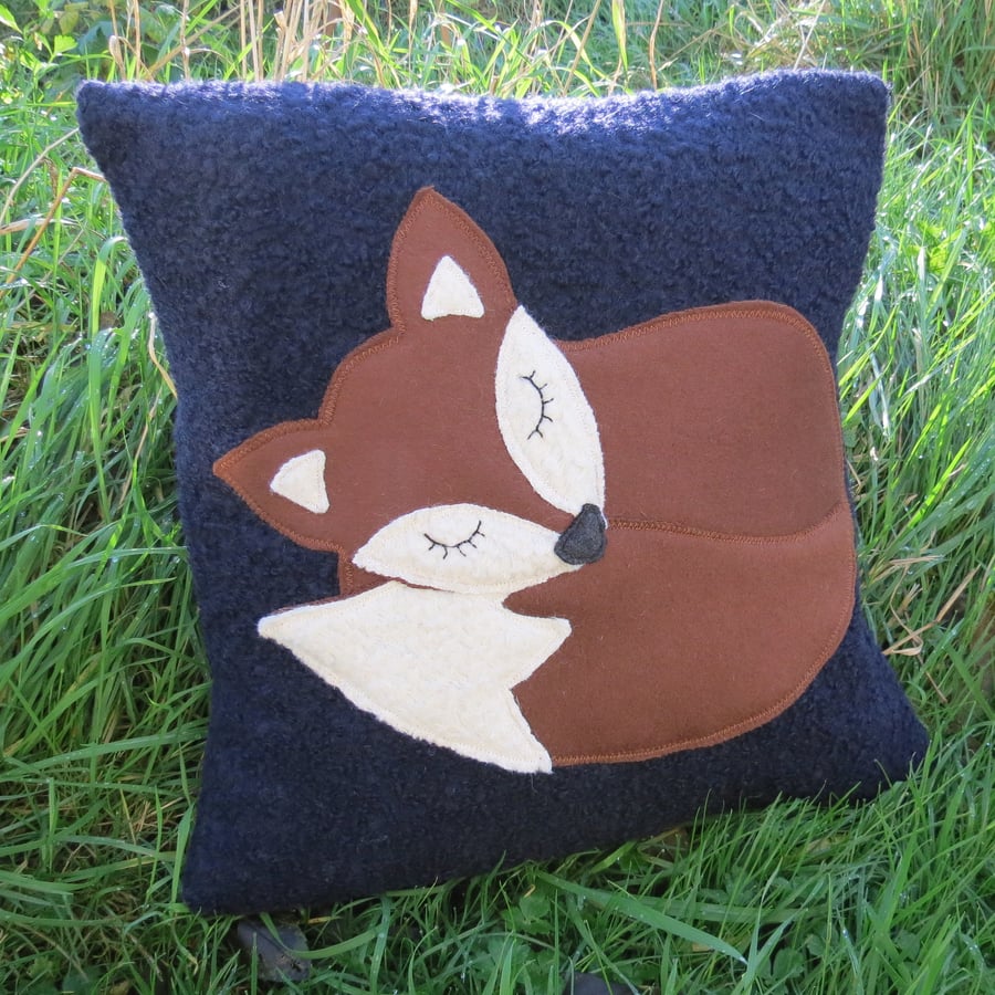 Fox cushion.  SALE!  A snoozy fox on textured wool.  Complete with feather pad. 