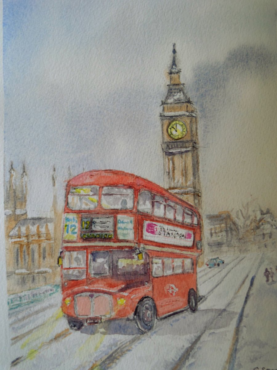 Routemaster London bus winter scene Westminster original watercolour 