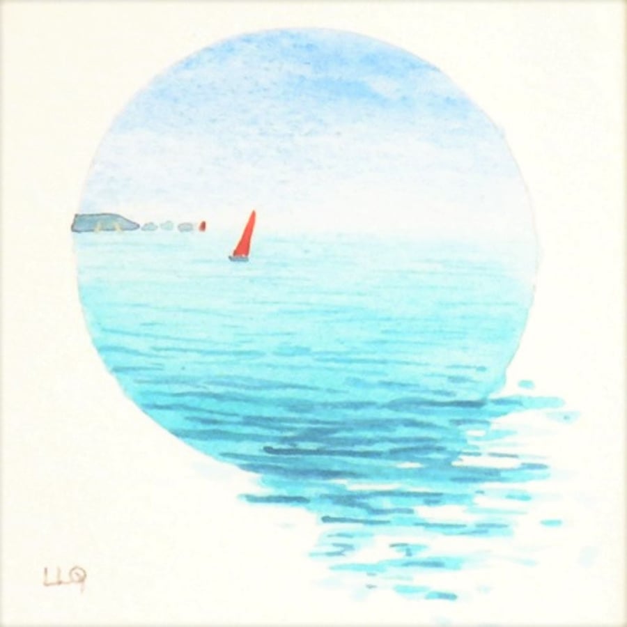red sailboat sailing on the ocean an original watercolour miniature gift ready