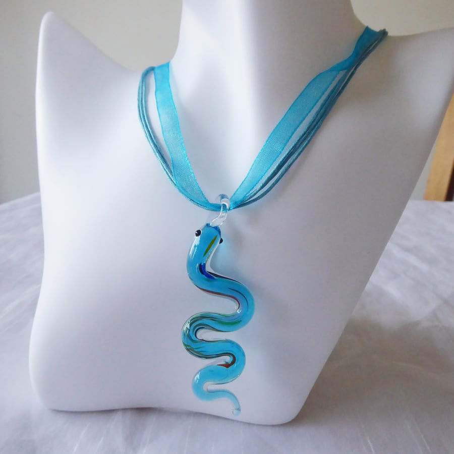 Blue Ribbon & Cord Adjustable Necklace A with Lampwork Glass Snake