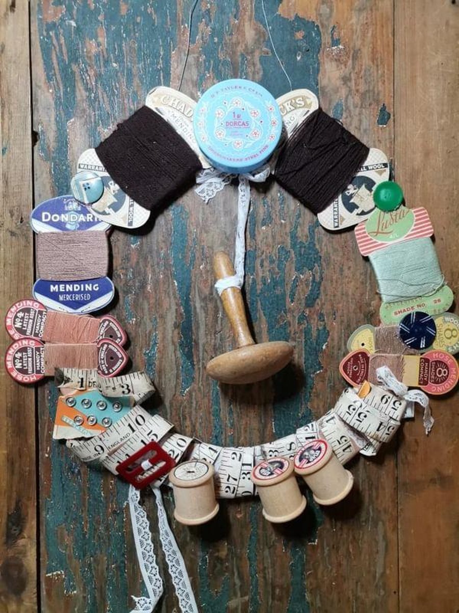 Vintage sewing ephemera wreath, vintage style wreath, decor