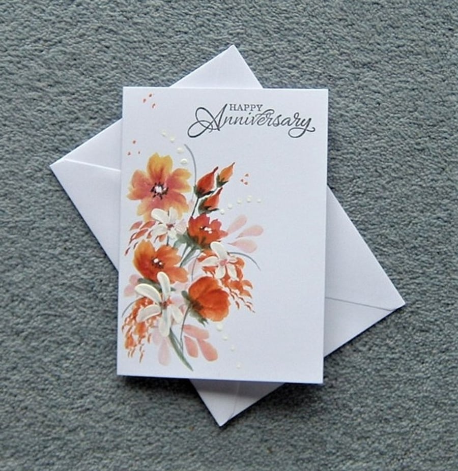 Anniversary hand painted floral original art greetings card ( ref F 171 )