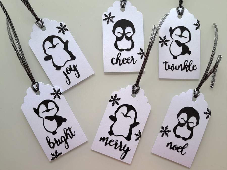 Set of 6 Handmade Penguin Gift Tags featuring Christmas Sentiments