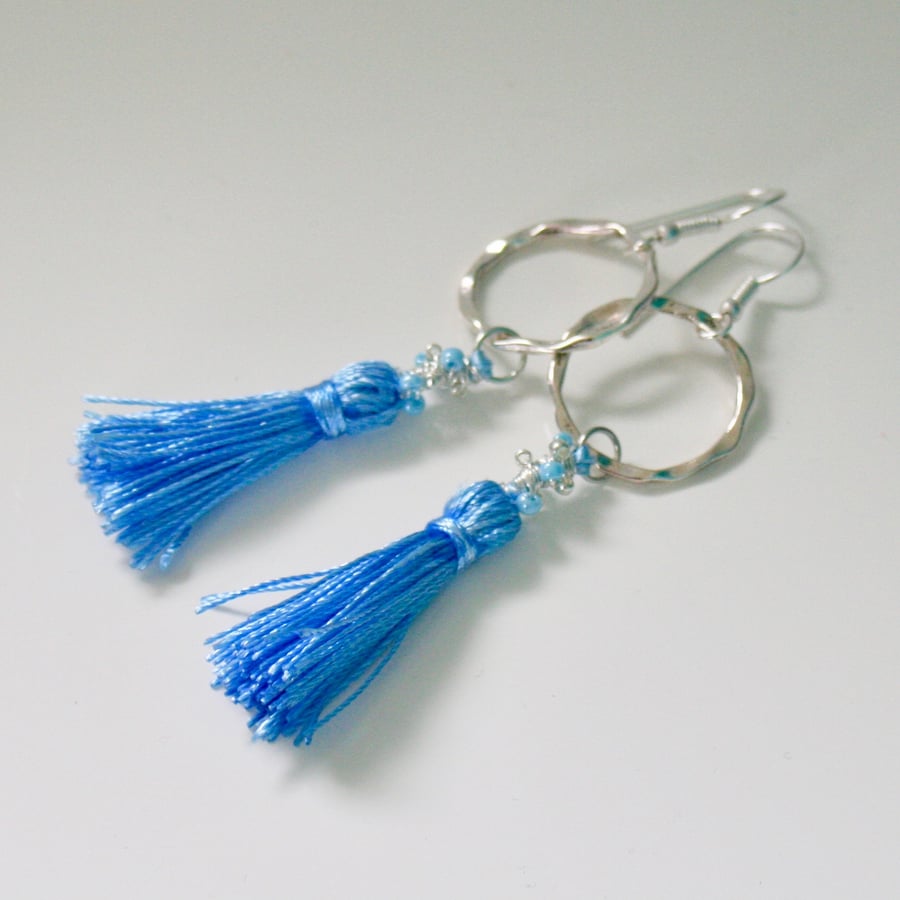 Silver hoop tassel earrings