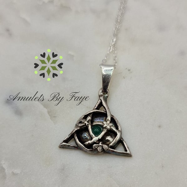 Sterling Silver Triquetra and Bees with Green Onyx Gemstone Pendant Necklace.
