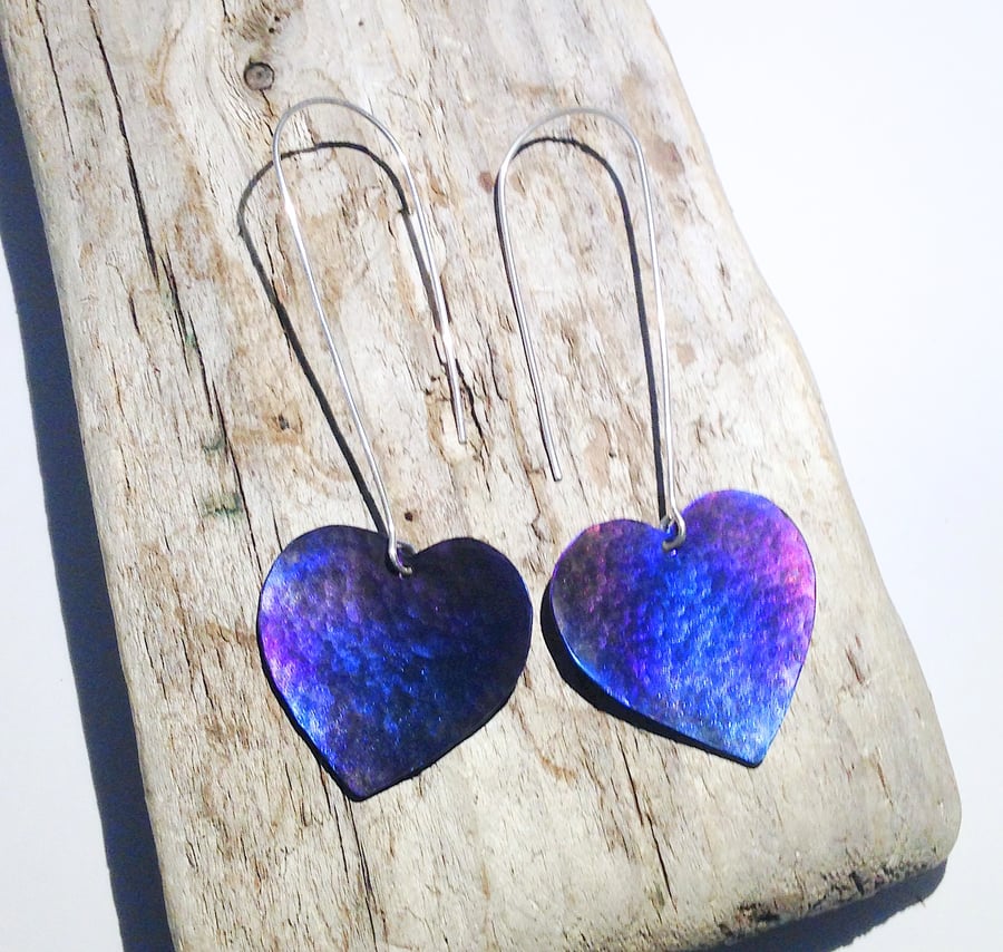  Handmade Coloured Titanium Heart Earrings - UK Free Post