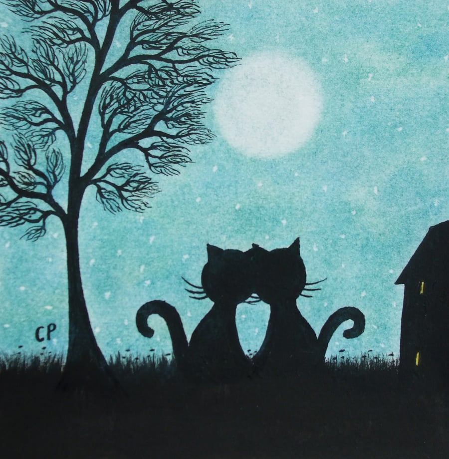 Cat Card, Moon Love Card, Romantic Art, Two Black Cats Tree, Anniversary Card