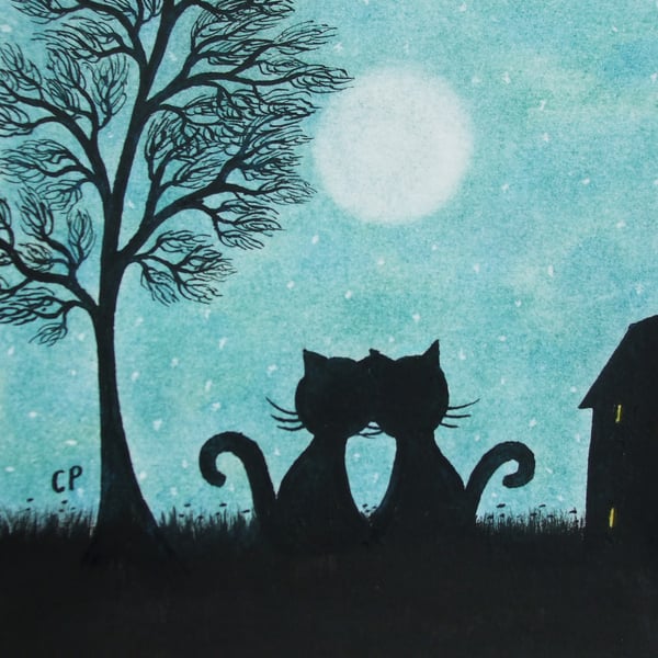 Cat Card, Moon Love Card, Romantic Art, Two Black Cats Tree, Anniversary Card