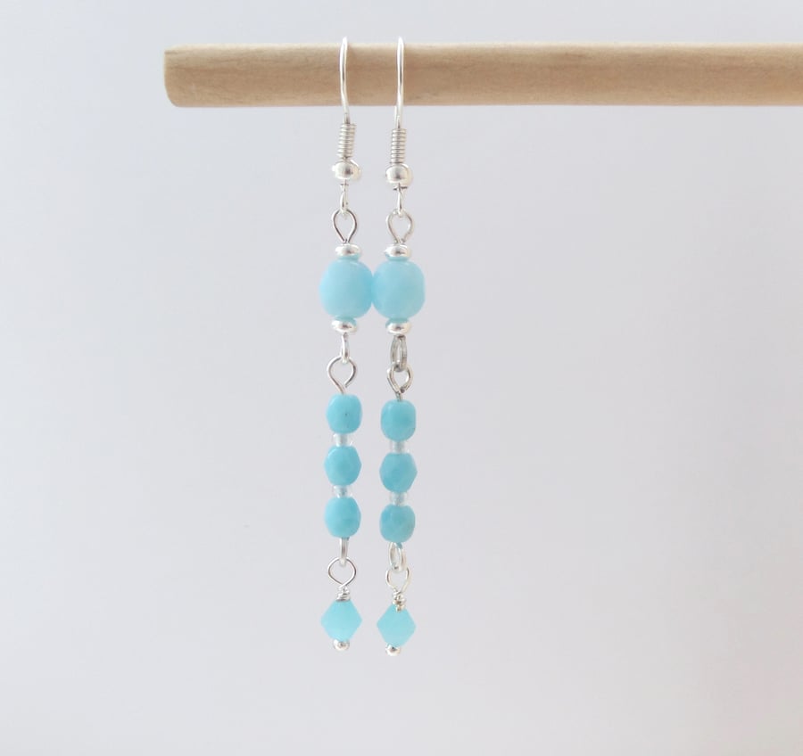 Turquoise Blue Silver Earrings, Long Dangle Earrings