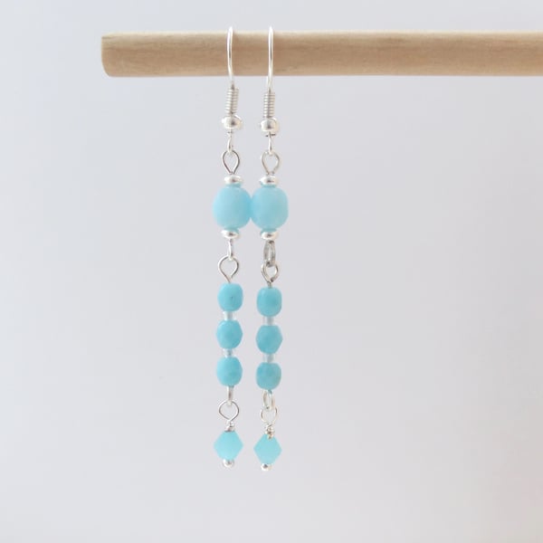 Turquoise Blue Silver Earrings, Long Dangle Earrings