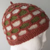 Hat, Cap, Beanie or Toque, Knitted in Handspun Peach, Rust and Green Soft Merino