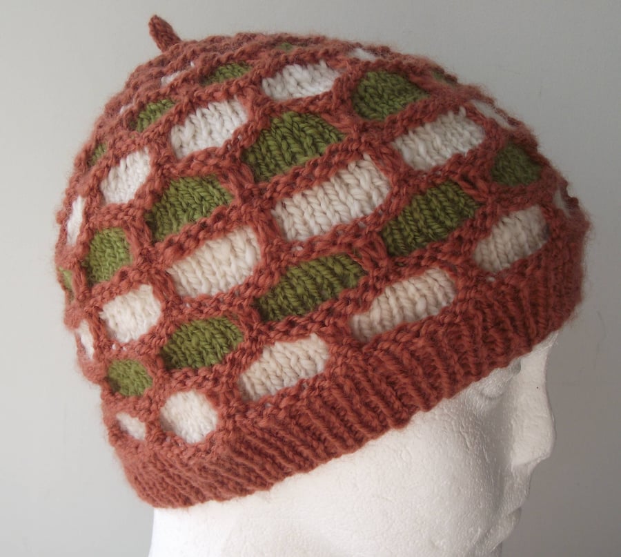 Hat, Cap, Beanie or Toque, Knitted in Handspun Rust, White and Green Soft Merino