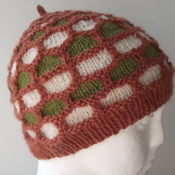 Hat, Cap, Beanie or Toque, Knitted in Handspun Rust, White and Green Soft Merino