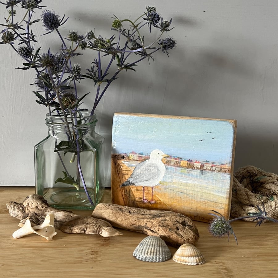 Small original painting of a seagull on reclaimed wood