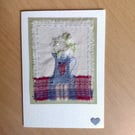 Denim Jug of Flowers Textile Card - Hand-Stitched - Blank Card - Recycled