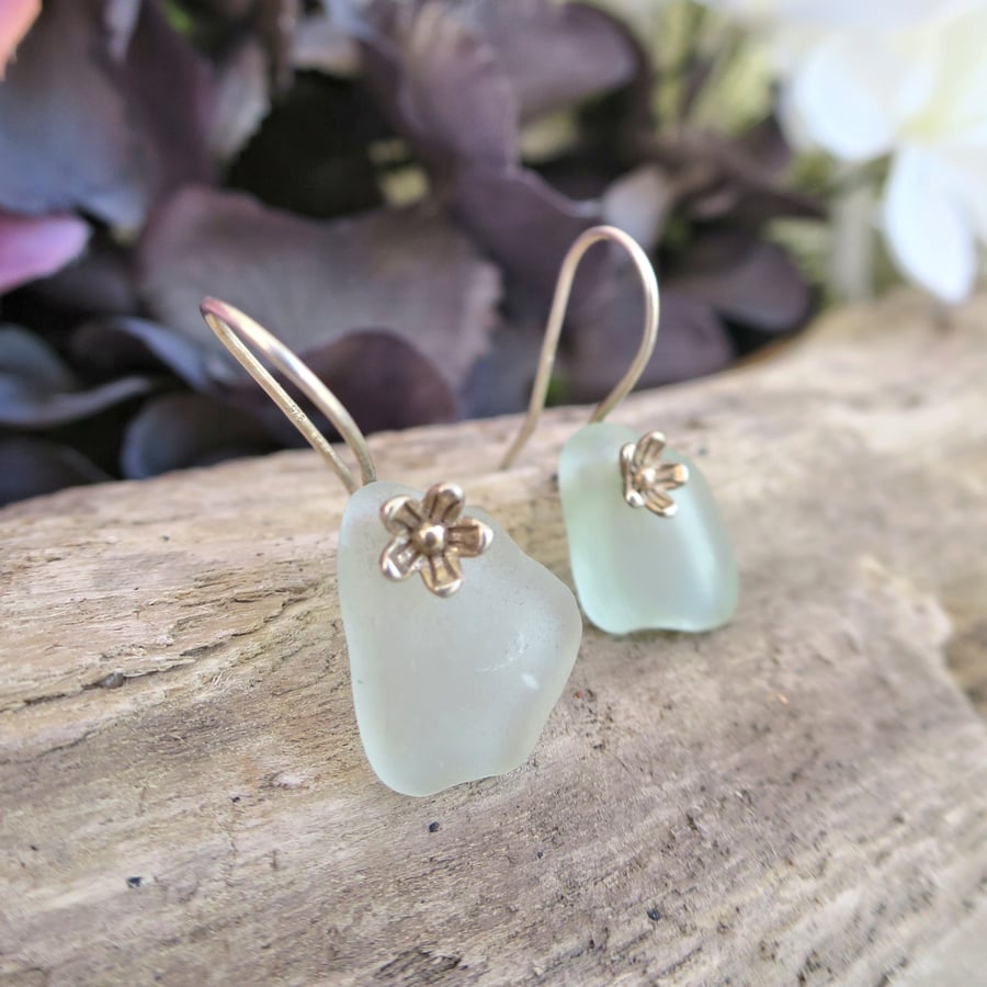 Seafoam Sea Glass Flower Earrings, Petite Sterling Silver Jewellery