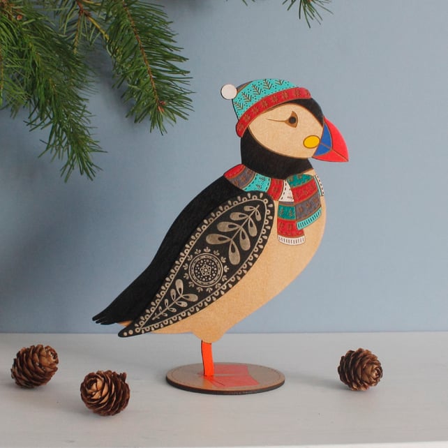  Winter Edition Standing Wooden Puffin - Hand Painted