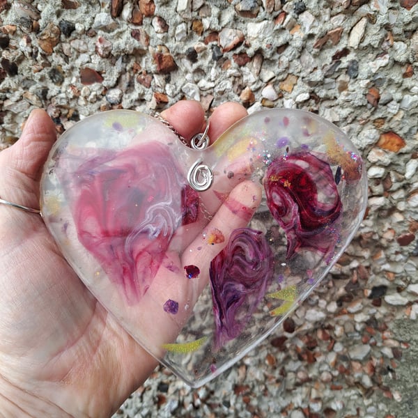 Unique hanging resin heart garden or window charm