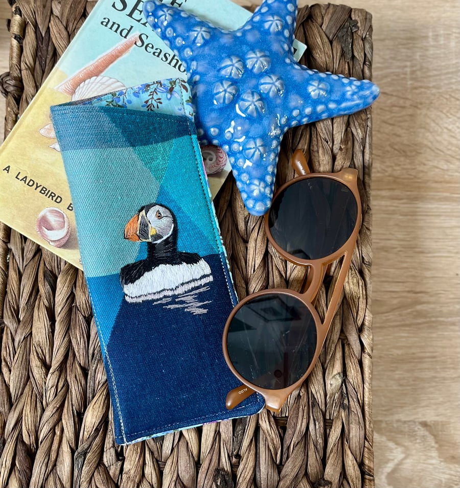Glasses case with hand embroidered puffin