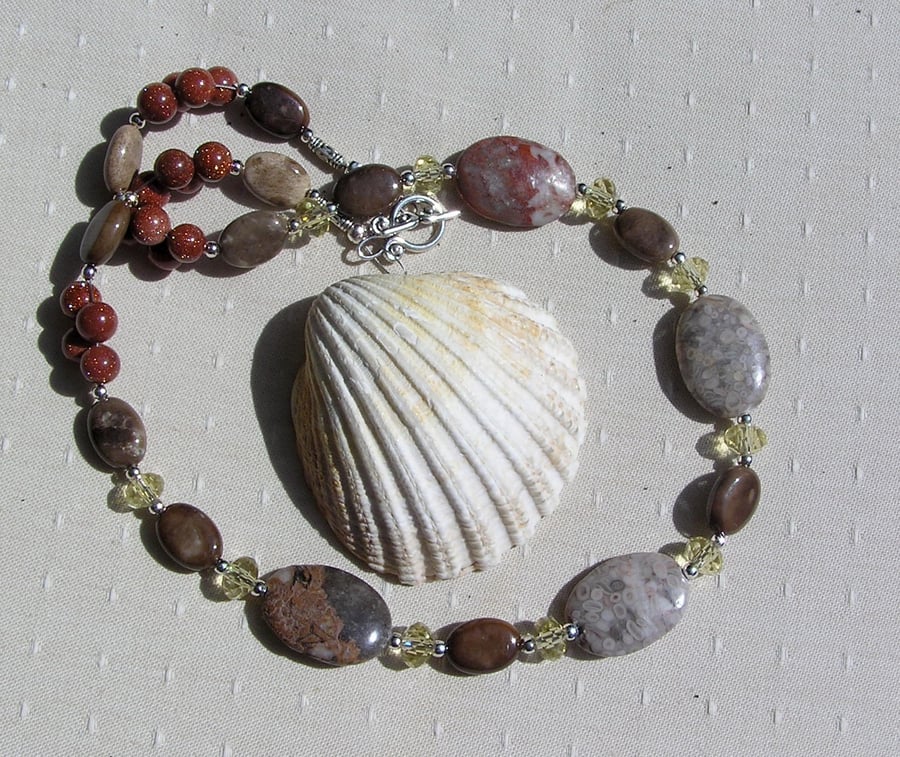 Wonderstone Jasper, Agate, Yellow Citrine & Brown Goldstone Gemstone Necklace