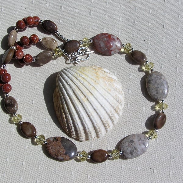 Wonderstone Jasper, Agate, Yellow Citrine & Brown Goldstone Gemstone Necklace