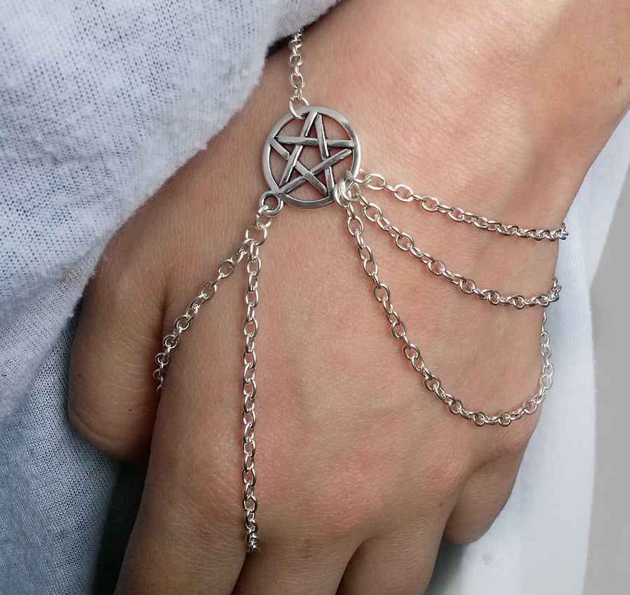 Silver Plate Asymmetrical Pentagram Pentacle Slave Chain Hand Harness Bracelet