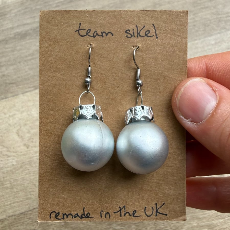 Frosted Silver Plastic Bauble Earrings - Upcycled Festive Jewellery