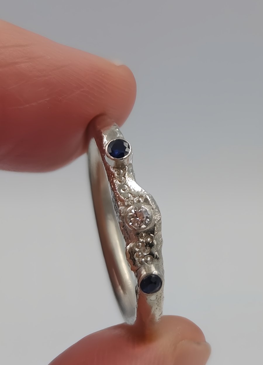 Hand-Forged Molten Sterling Silver Ring - Sapphire & Lab Diamond