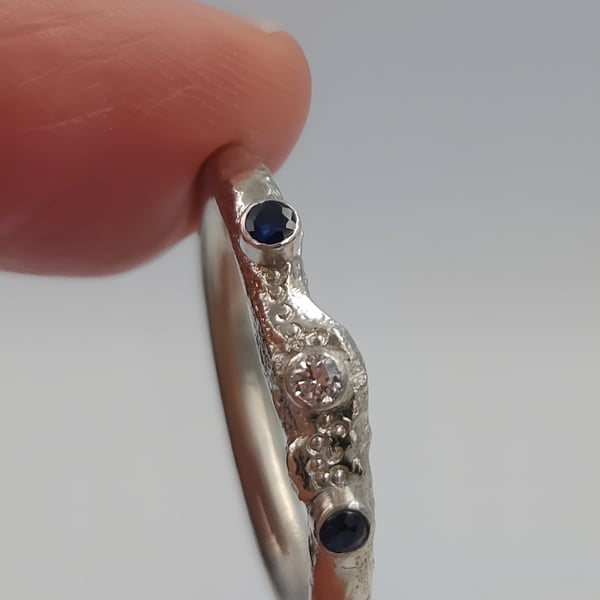 Hand-Forged Molten Sterling Silver Ring - Sapphire & Lab Diamond