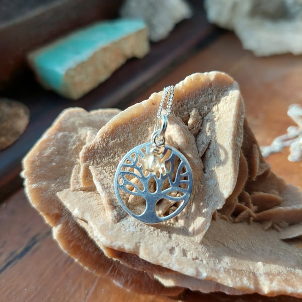 Sterling Silver and Citrine Tree of Life Necklace - November Birthstone