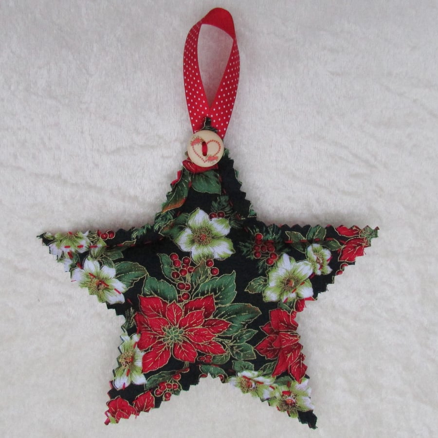 Christmas star decoration - black, red, cream and green floral print fabric