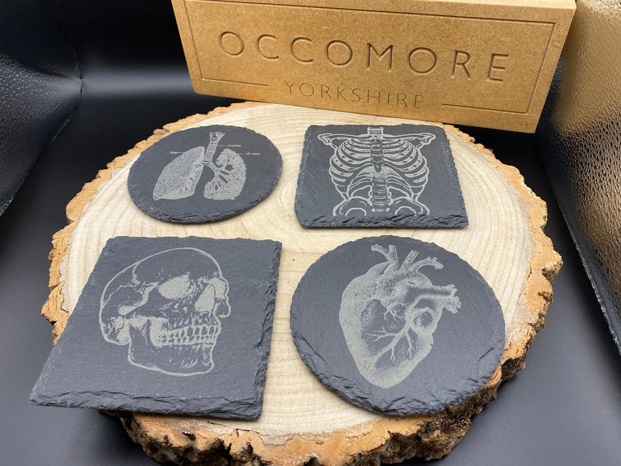 Anatomical Slate Coaster 4 Designs - Heart, Lungs, Skull, Ribs