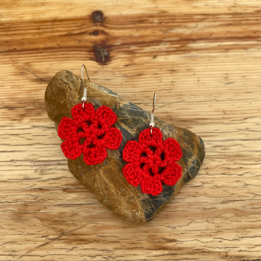 Red flower earrings on .925 silver hooks