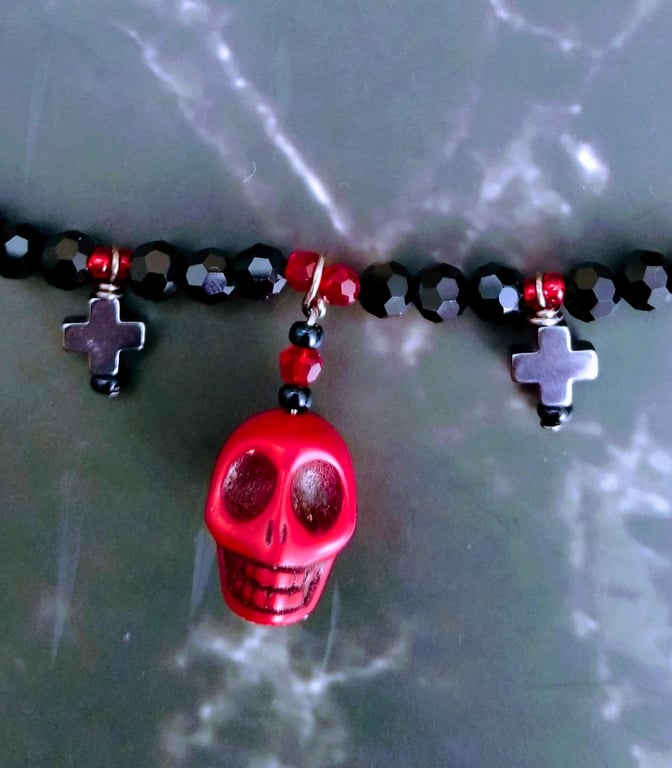 Gothic Black & Red Crystal Necklace with Red Howlite Skull and Hematite Crosses