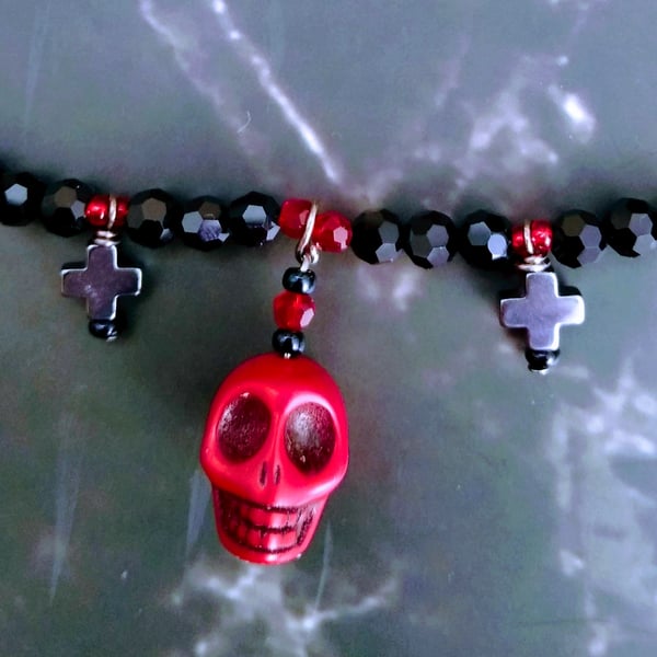 Gothic Black & Red Crystal Necklace with Red Howlite Skull and Hematite Crosses