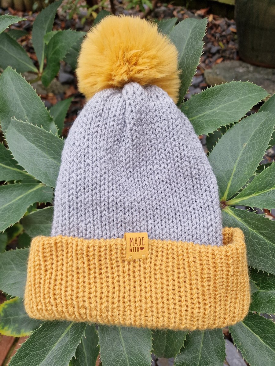 Ladies' Grey and Mustard Yellow Handmade Knitte... - Folksy