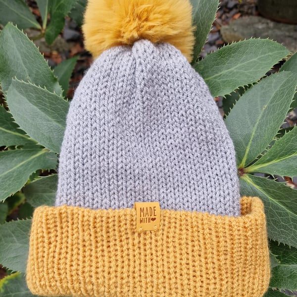 Bobble Hat Grey and Mustard Yellow Handmade Knitted Ladies